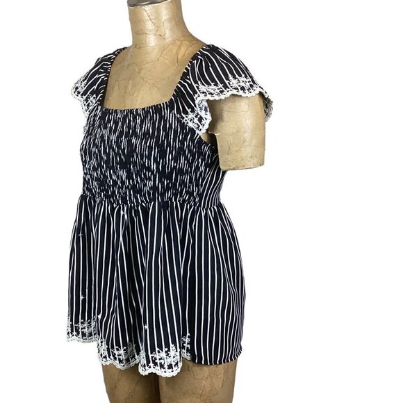 Savanna Jane BOHO Smocked Embroidered Peplum Ruffle Top Black & White Sz M #244C - Picture 4 of 9